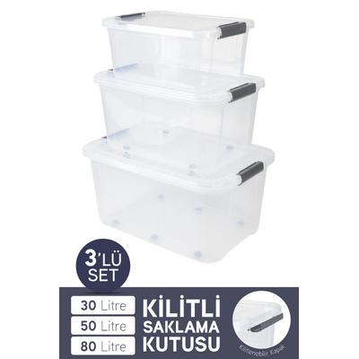 İronika 3lü Tekerli Saklama Kabı Dikdörtgen Kilitli Kapaklı Çok Amaçlı Oyuncak Saklama Kutusu 30-50-80 L