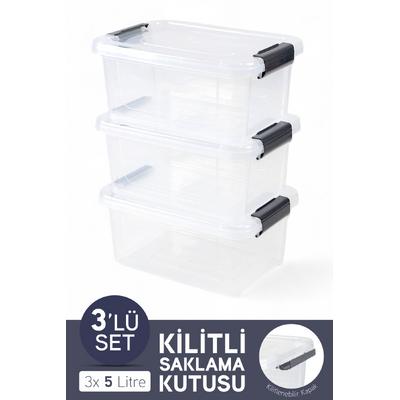 İronika 3lü Saklama Kabı Yatay Dikdörtgen Kilitli Kapaklı Çok Amaçlı Oyuncak Saklama Kutusu 5 Litre