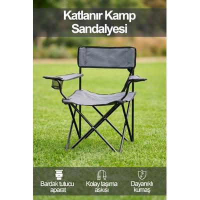 İronika Özel Yırtılmaz Kumaşlı Katlanabilir Kamp Sandalyesi Rejisör Koltuğu Gri