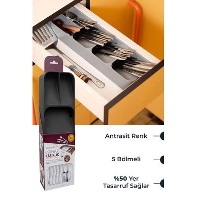 İronika 5 Bölmeli Çekmece İçi Düzenleyici Kaşıklık Çatal Kaşık Bıçak Organizeri Antrasit