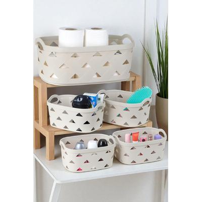 İronika 5li Dekoratif Deri Görünüm Dolap İçi Düzenleyici Saklama Kutusu Mutfak Banyo Organizer Sepet Krem