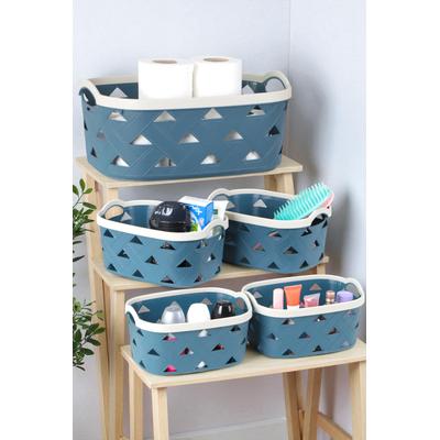 İronika 5li Dekoratif Deri Görünüm Dolap İçi Düzenleyici Saklama Kutusu Mutfak Banyo Organizer Sepet Mavi