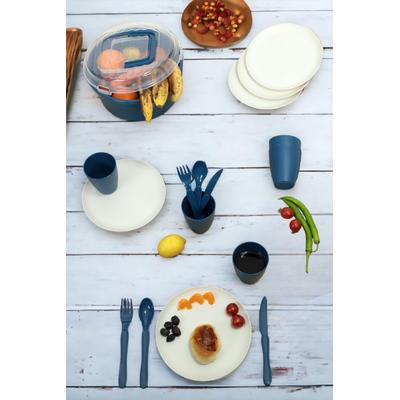 İronika 6 Kişilik 32 Parça Piknik Seti Plastik Çatal Bardak Kaşık Bıçak Yemek Kahvaltı Takımı-Krem Tabak Lacivert Bardak