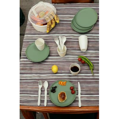 İronika 6 Kişilik 32 Parça Piknik Seti Plastik Çatal Bardak Kaşık Bıçak Yemek Kahvaltı Takımı-Yeşil Tabak Krem Bardak