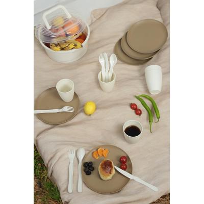 İronika 6 Kişilik 32 Parça Piknik Seti Plastik Çatal Bardak Kaşık Bıçak Yemek Kahvaltı Takımı-Kahve Tabak Krem Bardak