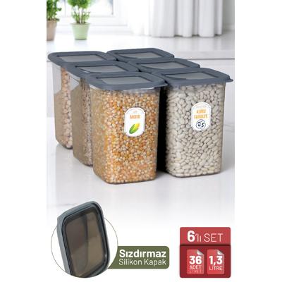 İronika 6lı Sızdırmaz Silikon Kapaklı Etiketli 1300 ml Kare Erzak Bakliyat Saklama Kabı Antrasit