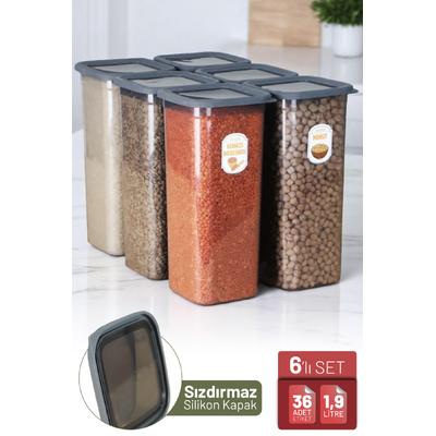 İronika 6lı Sızdırmaz Silikon Kapaklı Etiketli Jumbo Boy 1900 ml Kare Erzak Bakliyat Saklama Kabı Antrasit