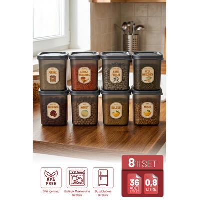 İronika 8li Etiket Hediyeli 800 ml Erzak Baharat Saklama Kabı Seti Antrasit