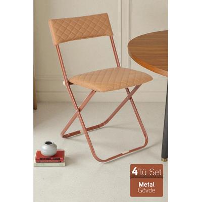 İronika Anatolia Metal Gövdeli Deri Kapitone Sandalye Katlanır Mutfak Bahçe Sandalyesi 4 Adet Kahve