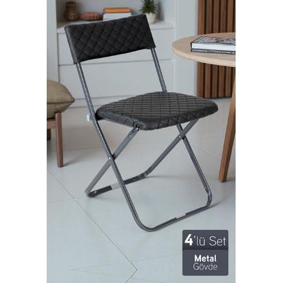 İronika Anatolia Metal Gövdeli Deri Kapitone Sandalye Katlanır Mutfak Bahçe Sandalyesi 4 Adet Siyah