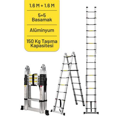 İronika Alüminyum Kolay Taşınabilir Çift Yönlü A Tipi Teleskopik Merdiven 1.6 + 1.6 Metre 5+5 Basamak