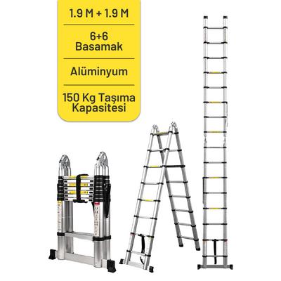 İronika Alüminyum Kolay Taşınabilir Çift Yönlü A Tipi Teleskopik Merdiven 1.9 + 1.9 Metre 6+6 Basamak