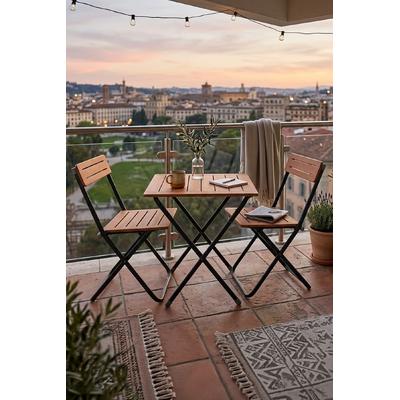 İronika Ahşap Bahçe Balkon Teras Mutfak 3'lü Bistro Masa Seti Katlanır Masa Sandalye Takımı