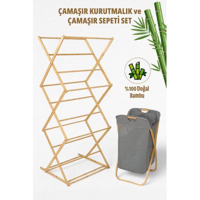 İronika Bambu Çamaşır Kurutmalık Bambu Kirli Sepeti 2li Banyo Seti