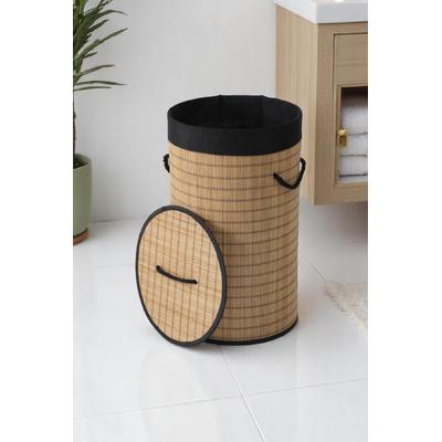İronika Bambu Kirli Çamaşır Sepeti Siyah Dikişli Halatlı Bambu Çamaşır Oyuncak Sepeti Yuvarlak