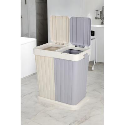 İronika Dokunmatik Kapaklı 2 Bölmeli Kirli Temiz Çamaşır Sepeti Oyuncak Sepeti 80LT Krem-Gri