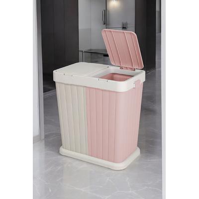 İronika Dokunmatik Kapaklı 2 Bölmeli Kirli Temiz Çamaşır Sepeti Oyuncak Sepeti 80LT Pembe-Krem
