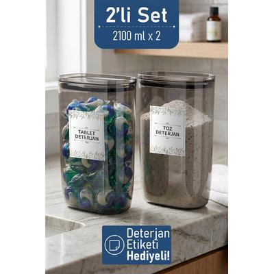 İronika Etiket Hediyeli Sızdırmaz Kapaklı Tablet Toz Deterjan Saklama Kabı 2100 ml 2 Adet Füme
