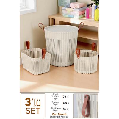 İronika Flex 3lü Banyo Seti Deri Desenli Kulplu Lüx Banyo Mutfak Organizeri Çamaşır Sepeti Düzenleyici Krem