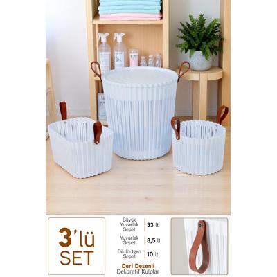 İronika Flex 3lü Banyo Seti Deri Desenli Kulplu Lüx Banyo Mutfak Organizeri Çamaşır Sepeti Düzenleyici Beyaz