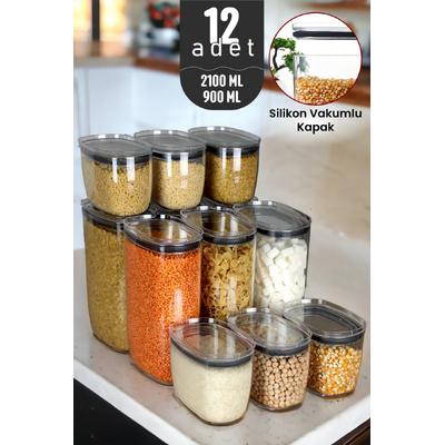İronika Gerçek Vakumlu Silikon Kapaklı Kristal Erzak Bakliyat Saklama Kabı Seti Baharatlık 6x900ml 6x2100ml Şeffaf
