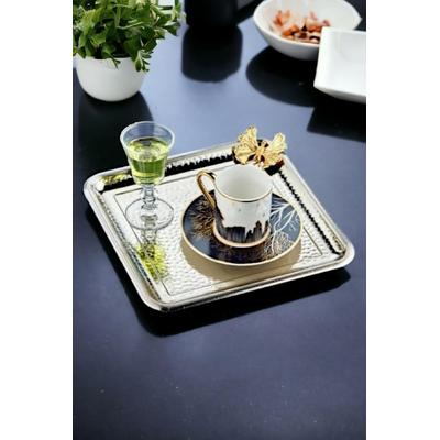 İronika Gümüş Kelebek Paslanmaz Kare Sunum Tepsisi Çay Kahve Pasta Servis Tepsisi