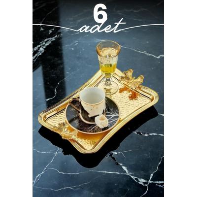 İronika Gold Kelebek Paslanmaz Dikdörtgen Sunum Tepsisi Çay Kahve Pasta Servis Tepsisi 6 Adet