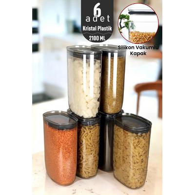 İronika Jumbo Boy 2100 Ml Gerçek Vakumlu Silikon Kapaklı Kristal Erzak Bakliyat Saklama Kabı Seti Baharatlık 6 Adet Antrasit