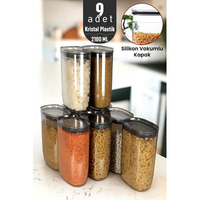İronika Jumbo Boy 2100 ml Gerçek Vakumlu Silikon Kapaklı Kristal Erzak Bakliyat Saklama Kabı Seti Baharatlık 9 Adet Antrasit