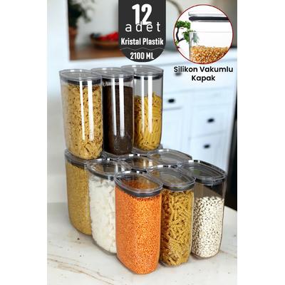 İronika Jumbo Boy 2100 ml Gerçek Vakumlu Silikon Kapaklı Kristal Erzak Bakliyat Saklama Kabı Seti Baharatlık 12 Adet Şeffaf