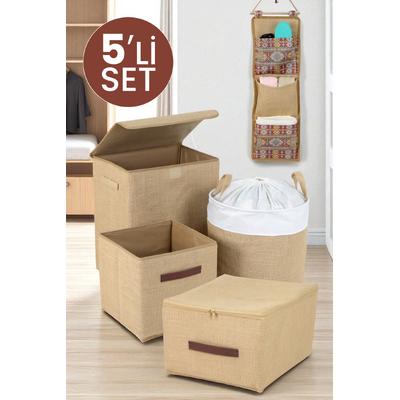 İronika Jüt Kumaş Dolap İçi Organizer Oyuncak Kutusu Eşya Çamaşır Saklama Sepeti Düzenleyici Kutu 5li Set