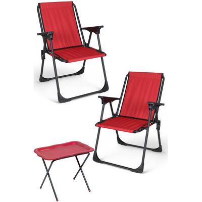 İronika Kamp Sandalyesi Katlanabilir Plaj Piknik Sandalyesi Bordo 2 Adet + Kamp Sehpası Set