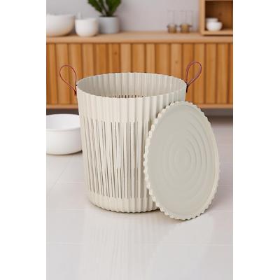 İronika Kapaklı Banyo Çamaşır Kirli Sepeti Deri Desen Kulplu Lüx Banyo Mutfak Organizeri Düzenleyici Krem