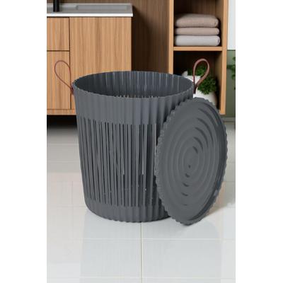 İronika Kapaklı Banyo Çamaşır Kirli Sepeti Deri Desen Kulplu Lüx Banyo Mutfak Organizeri Düzenleyici Antrasit