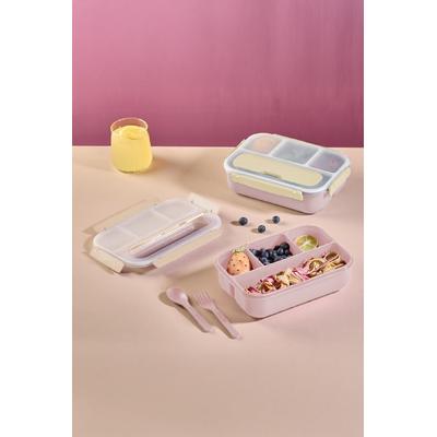 İronika Kaşık Çatallı Lunch Box Sızdırmaz Contalı Kapaklı 4 Bölmeli Beslenme Kabı - Pembe