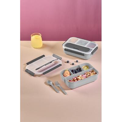 İronika Kaşık Çatallı Lunch Box Sızdırmaz Contalı Kapaklı 4 Bölmeli Beslenme Kabı - Gri