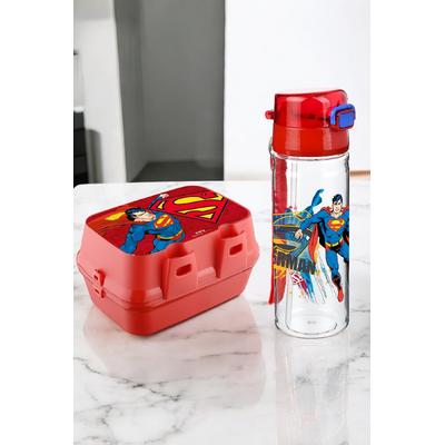 İronika Lisanslı Süperman 4 Bölmeli Kaşık Çatallı Beslenme Kutusu Kabı-Pipetli Sızdırmaz Suluk Set