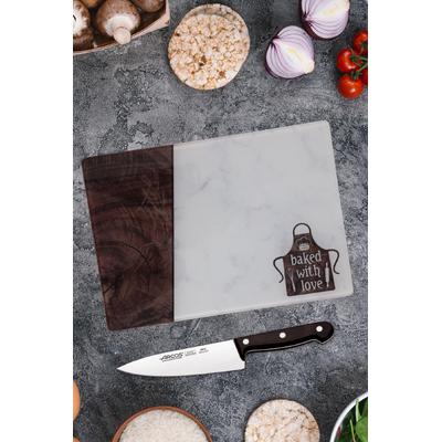 İronika Mermer - Ahşap Görünümlü Temperli Cam Kesme Panosu Sunum Servis Tabağı Cam Kesme Tahtası Tablası 35x25cm