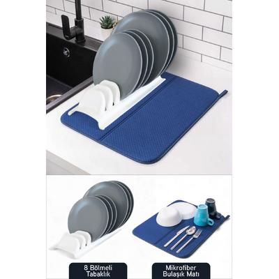 İronika Mikrofiber Bulaşık Kurutma Matı ve 8 Bölmeli Tabaklık Bulaşıklık Set