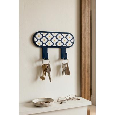 İronika Metal 2 Kancalı Yapışkanlı Desenli Anahtarlık Banyo Mutfak Havlu Askısı Lacivert