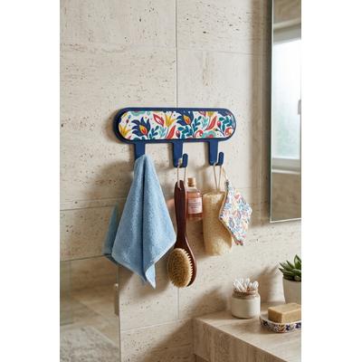 İronika Metal 3 Kancalı Yapışkanlı Desenli Anahtarlık Banyo Mutfak Havlu Askısı Lacivert