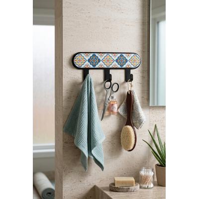 İronika Metal 3 Kancalı Yapışkanlı Desenli Anahtarlık Banyo Mutfak Havlu Askısı Siyah