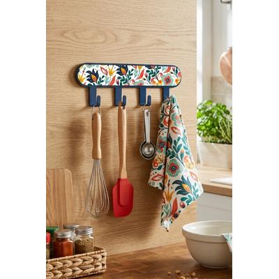 İronika Metal 3 Kancalı Yapışkanlı Desenli Anahtarlık Banyo Mutfak Havlu Askısı Lacivert