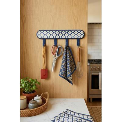 İronika Metal 3 Kancalı Yapışkanlı Desenli Anahtarlık Banyo Mutfak Havlu Askısı Lacivert