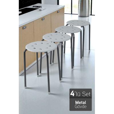 İronika Otto Metal Gövdeli Modern Tabure Mutfak Bahçe Taburesi - 4 Adet Gri