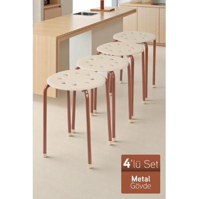 İronika Otto Metal Gövdeli Modern Tabure Mutfak Bahçe Taburesi - 4 Adet Krem