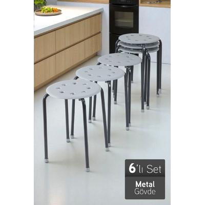 İronika Otto Metal Gövdeli Modern Tabure Mutfak Bahçe Taburesi - 6 Adet Gri
