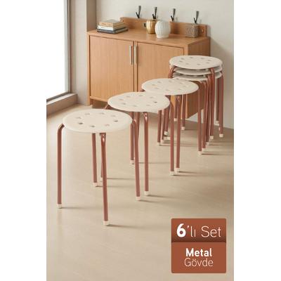 İronika Otto Metal Gövdeli Modern Tabure Mutfak Bahçe Taburesi - 6 Adet Krem