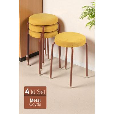 İronika Puffy Metal Gövdeli Lüx Minderli Modern Tabure Mutfak Bahçe Taburesi 4 Adet Kahverengi