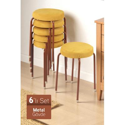 İronika Puffy Metal Gövdeli Lüx Minderli Modern Tabure Mutfak Bahçe Taburesi 6 Adet Kahverengi